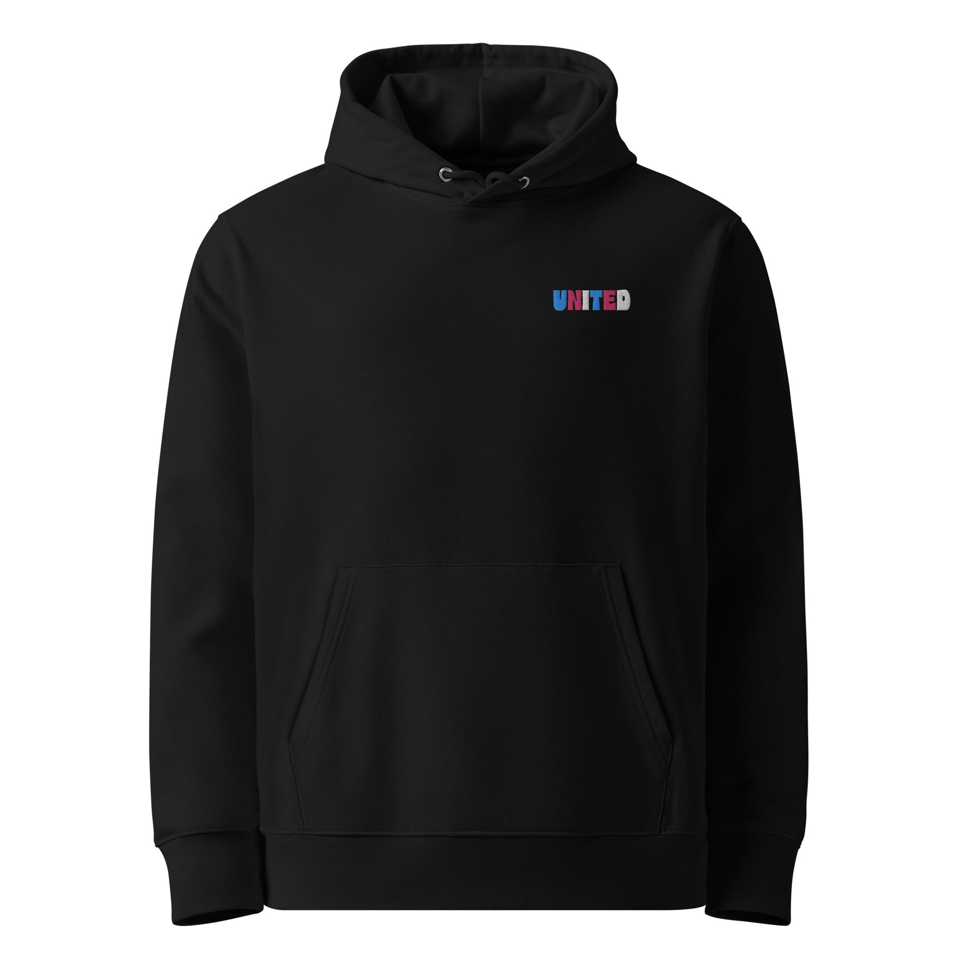 Unisex eco-friendly black hoodie featuring on the upper left chest; united embroidery in transgender pride colors, adding a touch of lgbtq to your outfit. sizes: small, medium, large, extra large, double extra large.