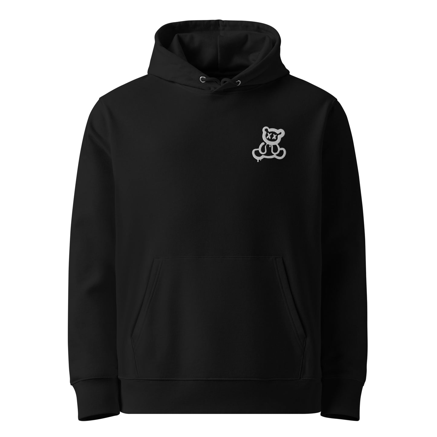 Unisex eco-friendly black hoodie featuring on the upper left chest; a subtle embroidered graffiti bear in white, adding a touch of lgbtq to your outfit. sizes: small, medium, large, extra large, double extra large.
