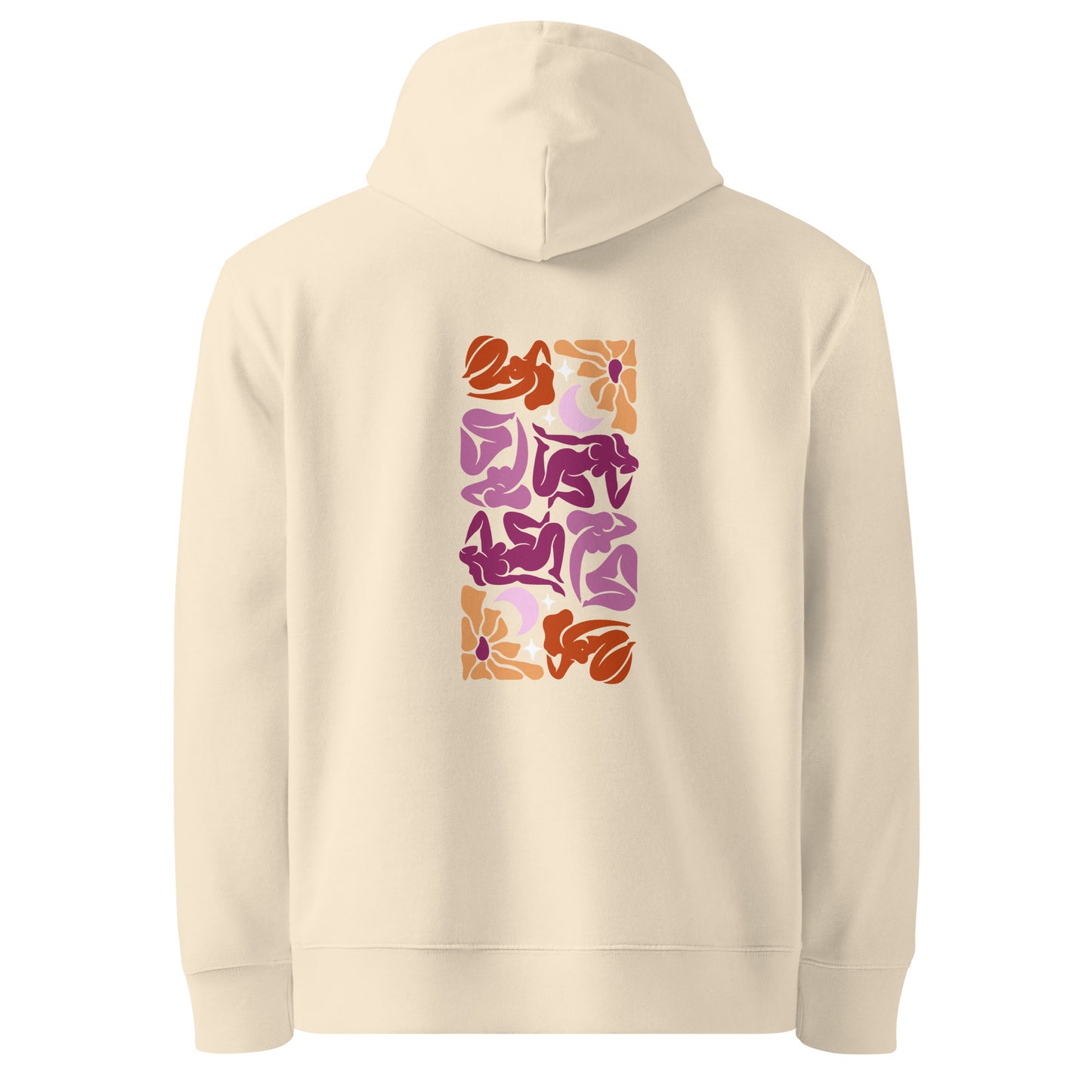 Unisex eco-friendly desert dust hoodie featuring an embroidered Matisse mosaic-inspired design centered chest in lesbian colors, with the same design printed large on the back  - adding a touch of lgbtq to your outfit. sizes: small, medium, large, extra large, double extra large.