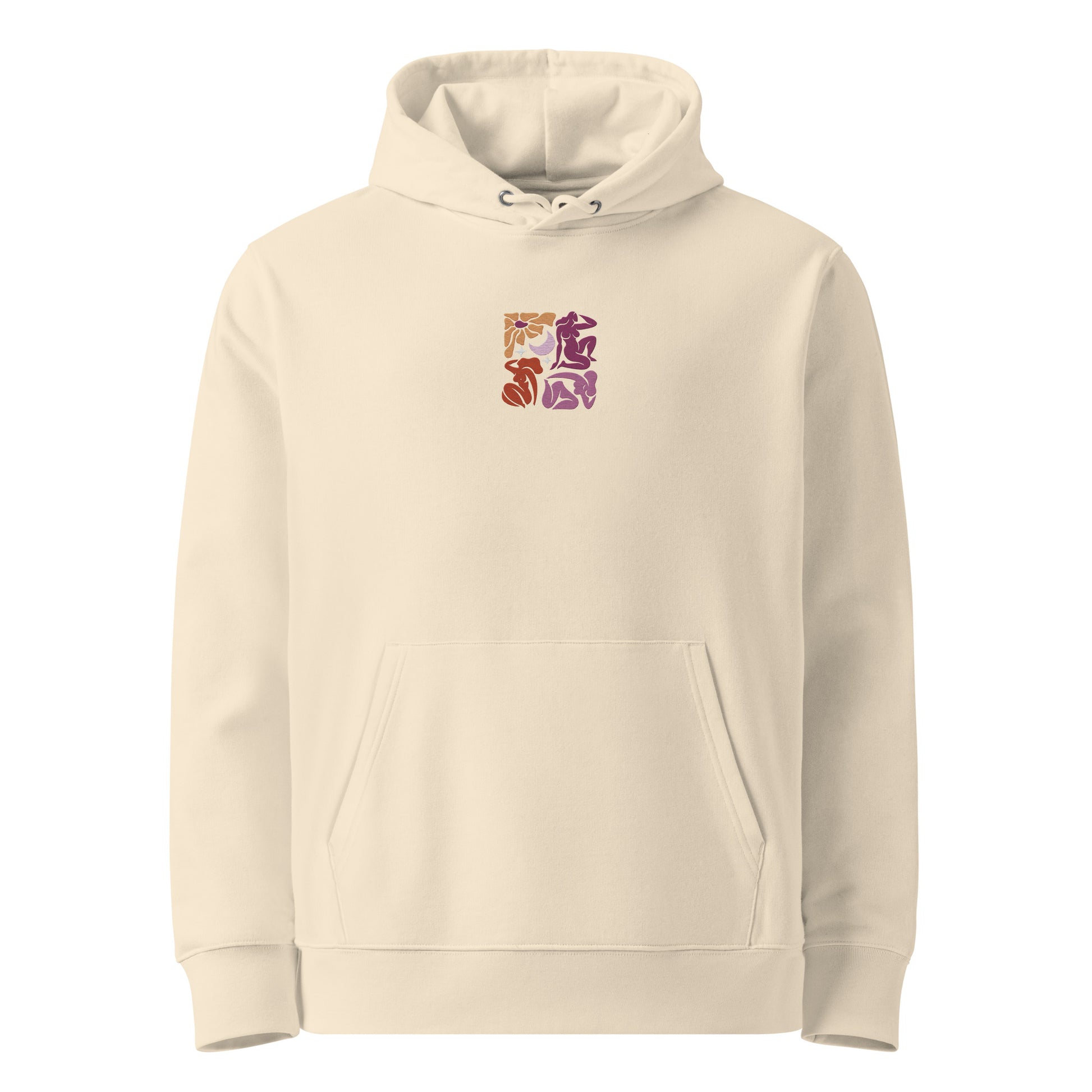 Unisex eco-friendly desert dust hoodie featuring an embroidered Matisse mosaic-inspired design centered chest in lesbian colors, with the same design printed large on the back  - adding a touch of lgbtq to your outfit. sizes: small, medium, large, extra large, double extra large.