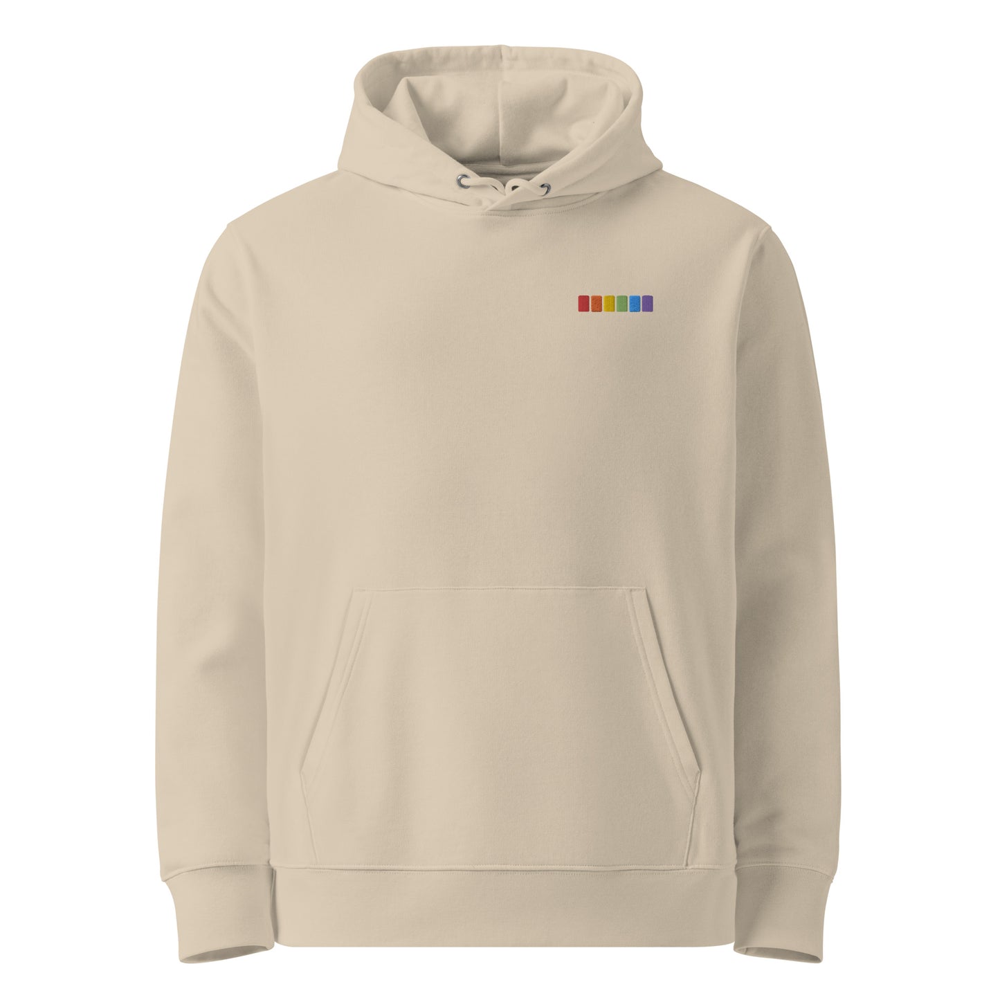 Unisex eco-friendly desert dust hoodie featuring on the upper left chest rainbow squares embroidery, adding a touch of lgbtq to your outfit. sizes: small, medium, large, extra large, double extra large.