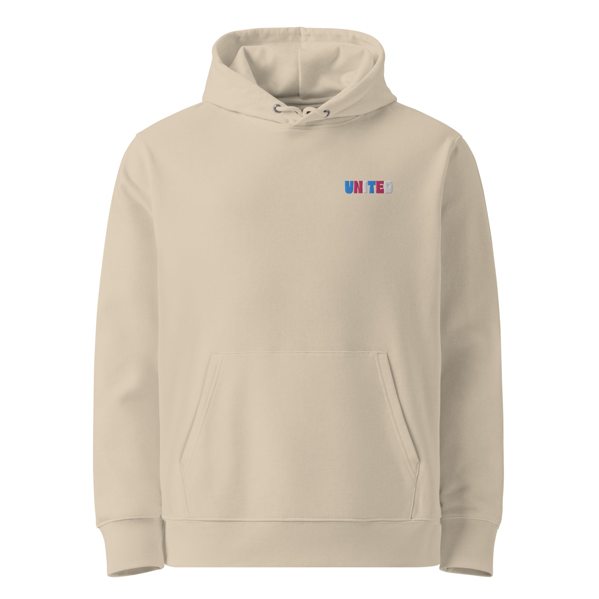Unisex eco-friendly desert dust hoodie featuring on the upper left chest; united embroidery in transgender pride colors, adding a touch of lgbtq to your outfit. sizes: small, medium, large, extra large, double extra large.