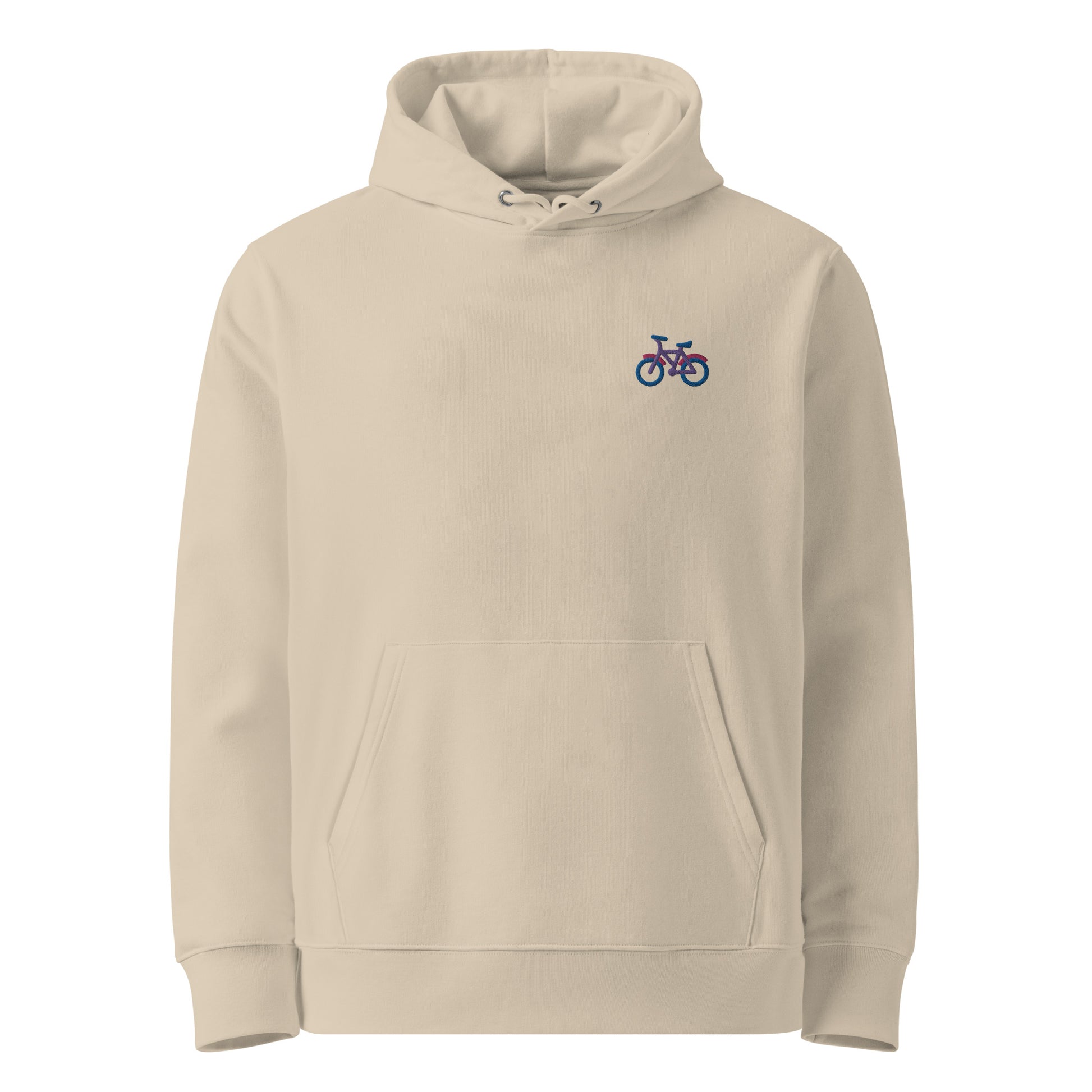 Unisex eco-friendly desert dust hoodie featuring on the upper left chest; a subtle embroidered bicycle in bisexual colors, adding a touch of lgbtq to your outfit by putting the bi in bicycle. sizes: small, medium, large, extra large, double extra large.