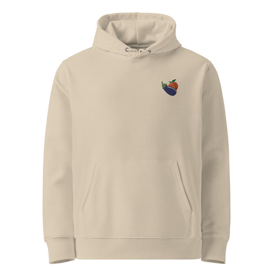 Unisex eco-friendly desert dust hoodie featuring on the upper left chest; a subtle embroidered eggplant and peach emoji, adding a touch of lgbtq to your outfit. sizes: small, medium, large, extra large, double extra large.