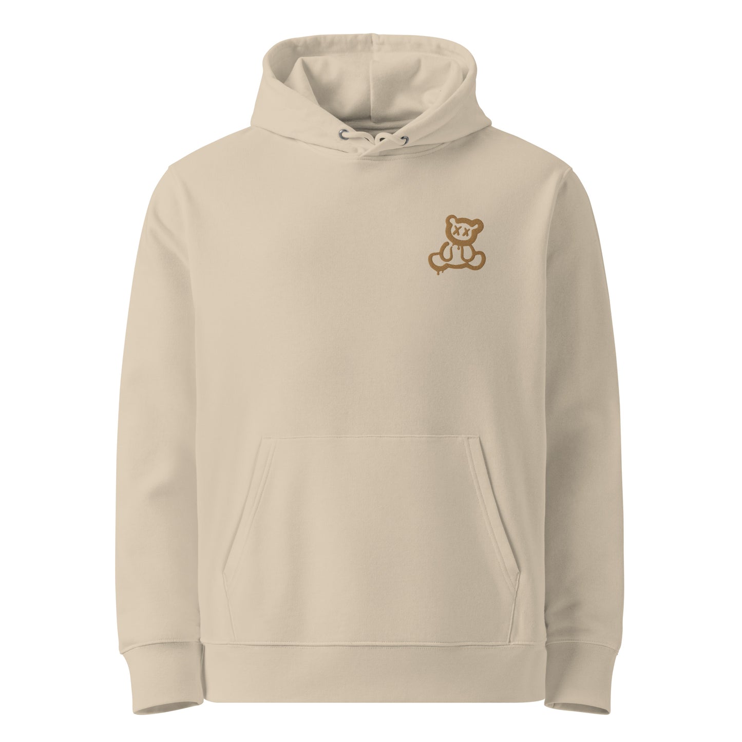 Unisex eco-friendly desert dust hoodie featuring on the upper left chest; a subtle embroidered graffiti bear in gold, adding a touch of lgbtq to your outfit. sizes: small, medium, large, extra large, double extra large.