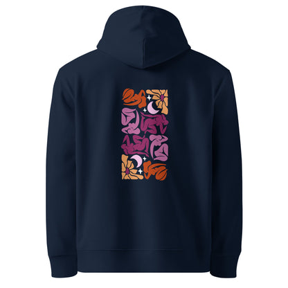 Unisex eco-friendly french navy hoodie featuring an embroidered Matisse mosaic-inspired design centered chest in lesbian colors, with the same design printed large on the back - adding a touch of lgbtq to your outfit. sizes: small, medium, large, extra large, double extra large.