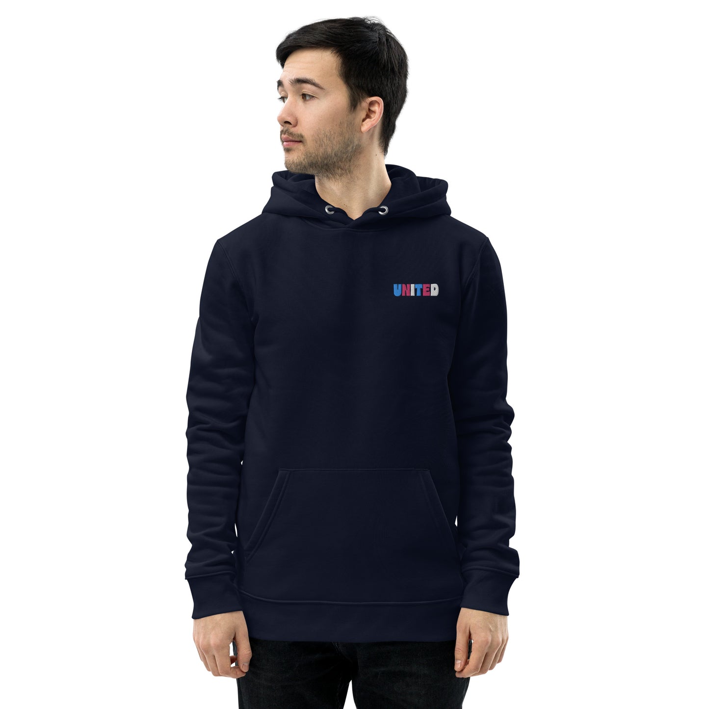 A male model wearing our unisex eco-friendly french navy hoodie featuring on the upper left chest; united embroidery in transgender pride colors, adding a touch of lgbtq to your outfit. sizes: small, medium, large, extra large, double extra large.