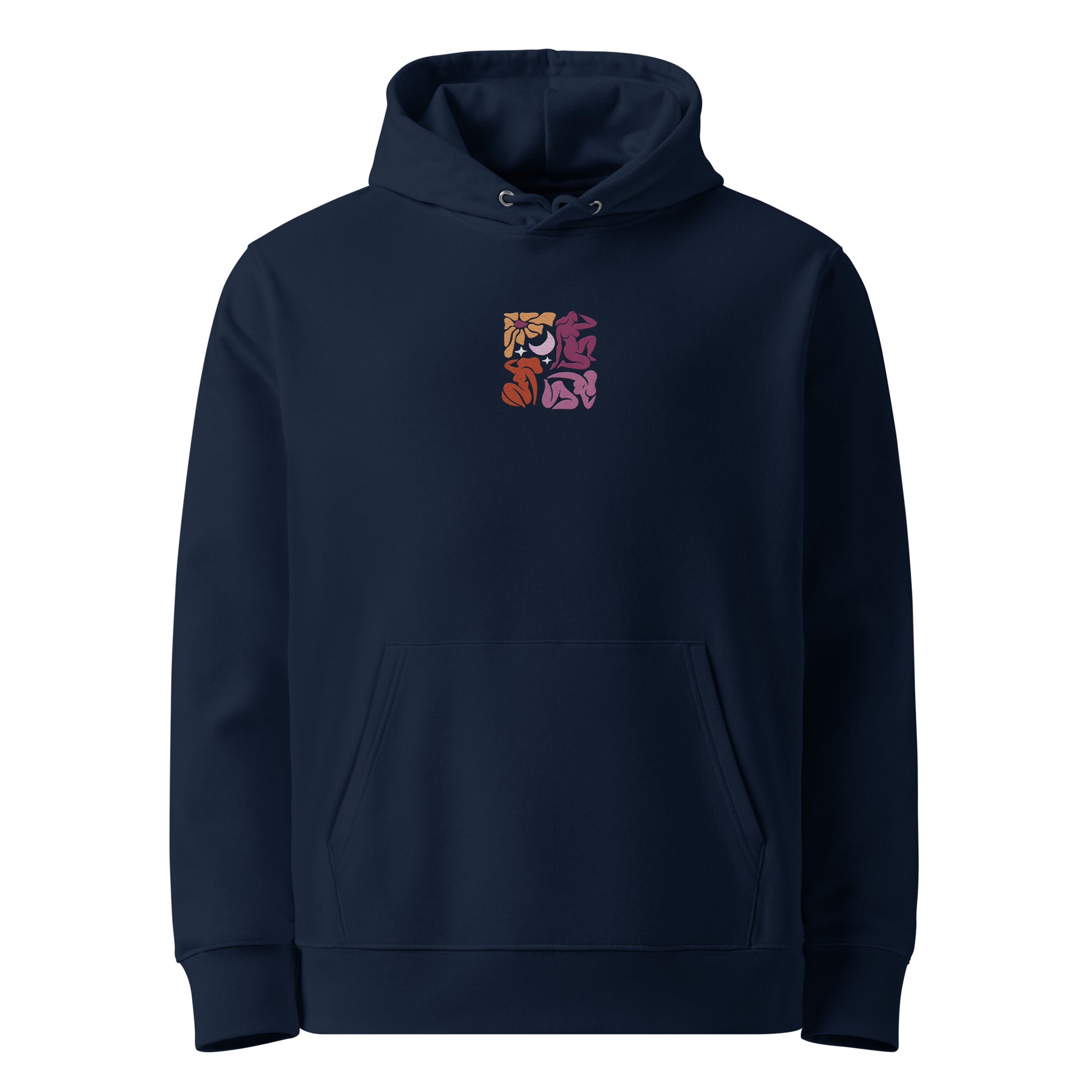 Unisex eco-friendly french navy hoodie featuring an embroidered Matisse mosaic-inspired design centered chest in lesbian colors, with the same design printed large on the back - adding a touch of lgbtq to your outfit. sizes: small, medium, large, extra large, double extra large.