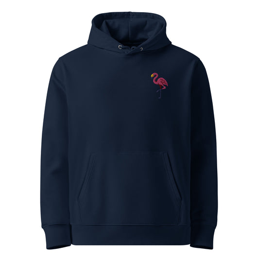 Unisex eco-friendly french navy hoodie featuring on the upper left chest; an elegant pink flamingo embroidery, adding a touch of summer to your outfit. sizes: small, medium, large, extra large, double extra large.