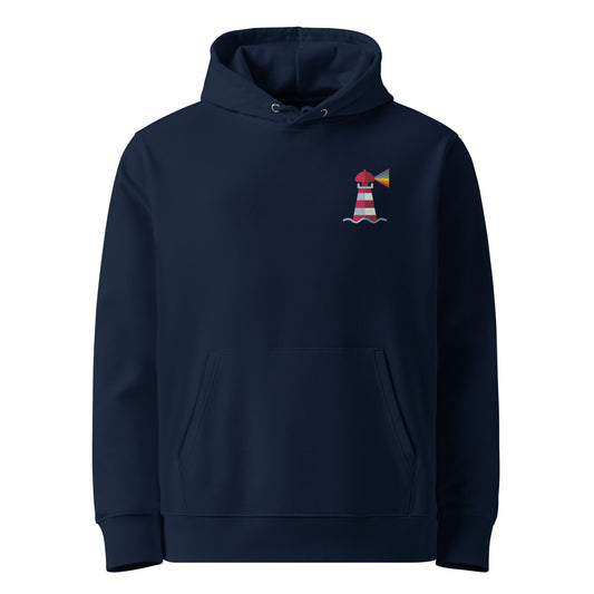 Unisex eco-friendly French navy hoodie featuring on the upper left chest embroidered lighthouse shining rainbow colors from its light, adding a touch of lgbtq to your outfit. sizes: small, medium, large, extra large, double extra large.