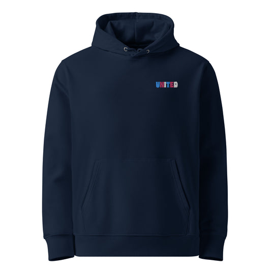 Unisex eco-friendly french navy hoodie featuring on the upper left chest; united embroidery in transgender pride colors, adding a touch of lgbtq to your outfit. sizes: small, medium, large, extra large, double extra large.