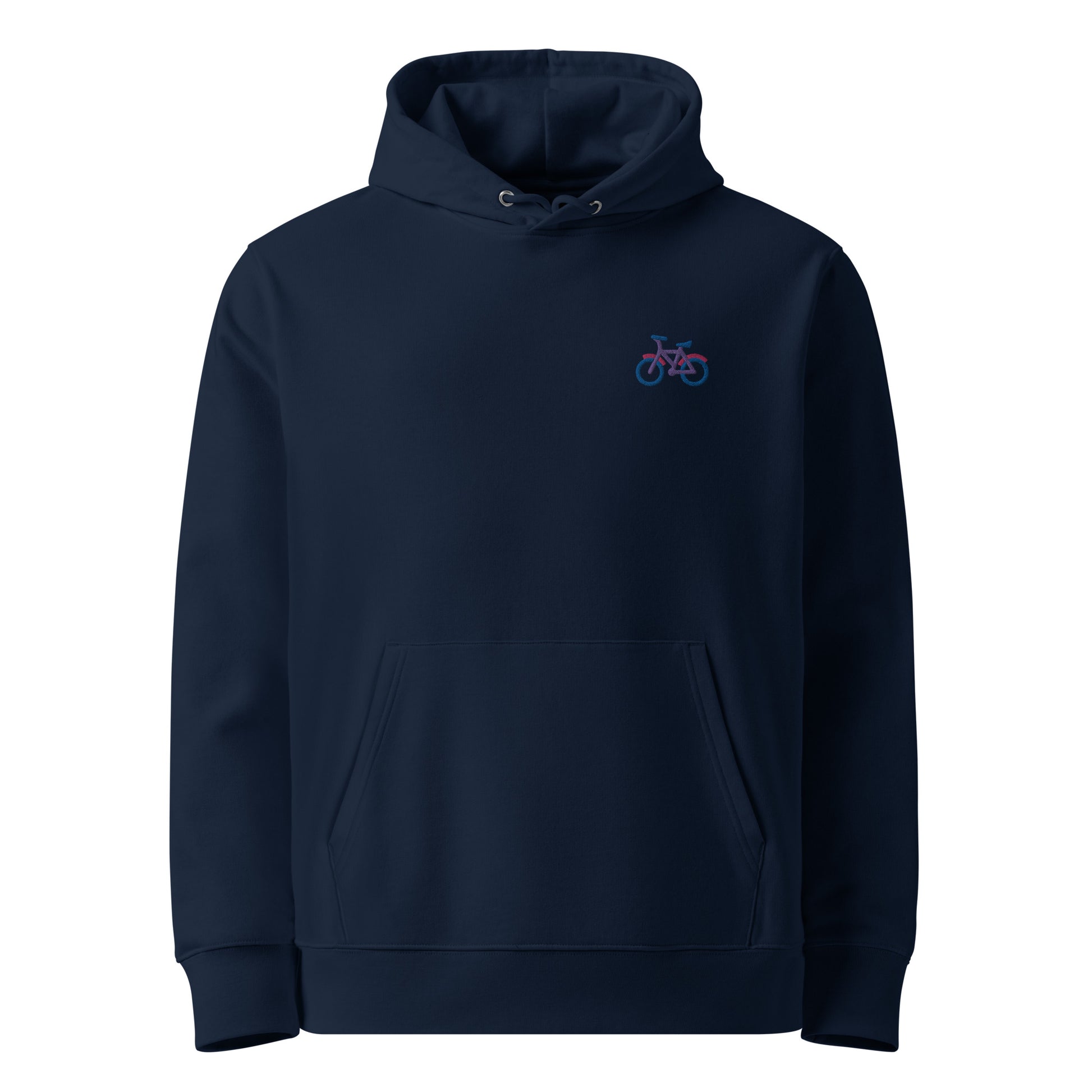 Unisex eco-friendly french navy hoodie featuring on the upper left chest; a subtle embroidered bicycle in bisexual colors, adding a touch of lgbtq to your outfit by putting the bi in bicycle. sizes: small, medium, large, extra large, double extra large.