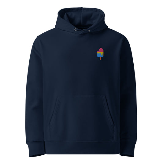 Unisex eco-friendly french navy hoodie featuring on the upper left chest; a subtle embroidered melting ice cream in pansexual colors, adding a touch of lgbtq to your outfit.sizes: small, medium, large, extra large, double extra large.