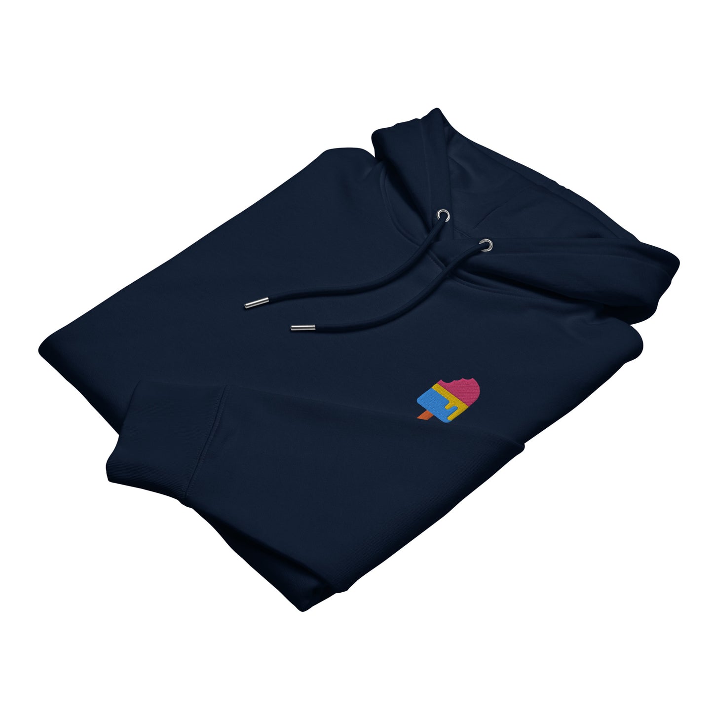 Unisex eco-friendly french navy hoodie featuring on the upper left chest; a subtle embroidered melting ice cream in pansexual colors, adding a touch of lgbtq to your outfit.sizes: small, medium, large, extra large, double extra large.