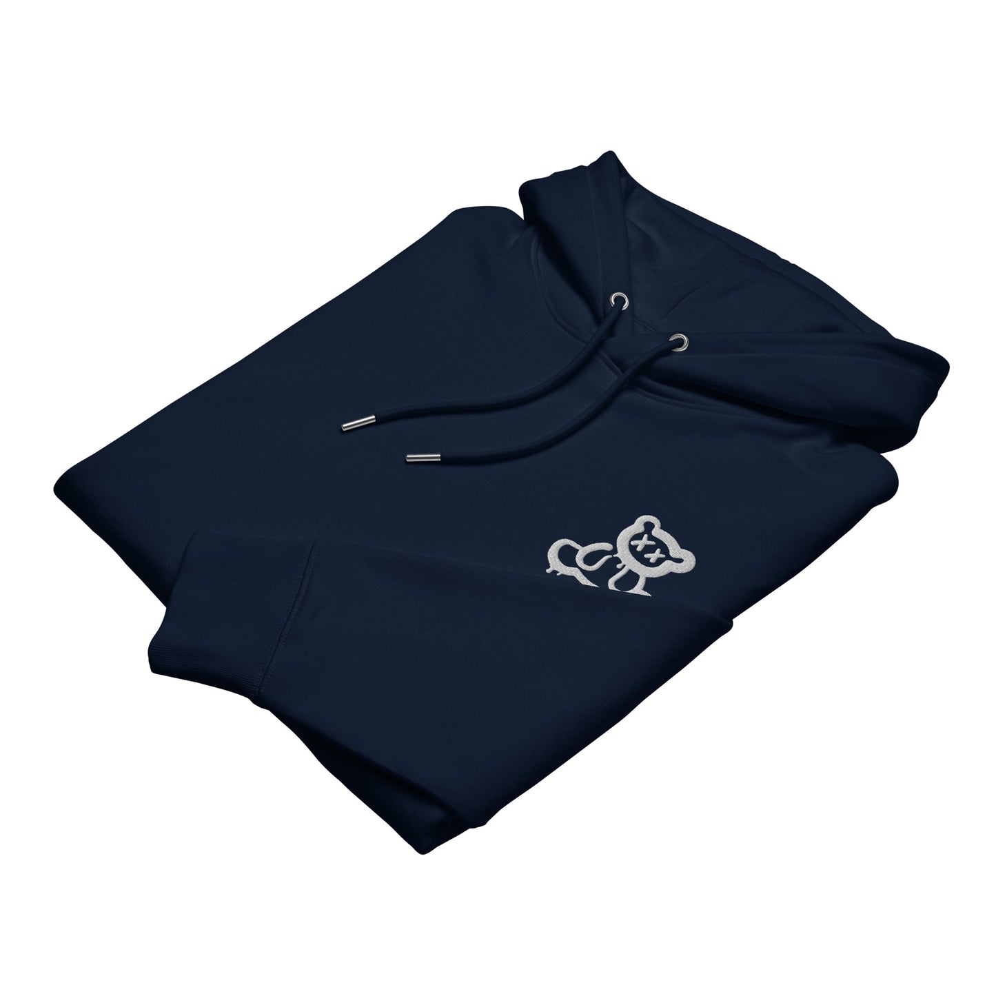 Unisex eco-friendly french navy hoodie featuring on the upper left chest; a subtle embroidered graffiti bear in white, adding a touch of lgbtq to your outfit. sizes: small, medium, large, extra large, double extra large.
