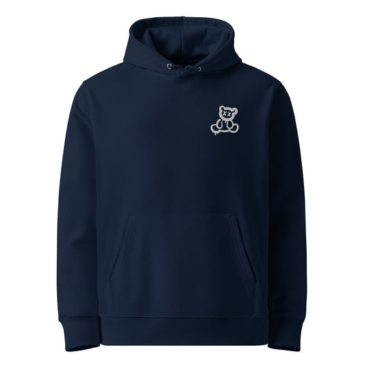 Unisex eco-friendly french navy hoodie featuring on the upper left chest; a subtle embroidered graffiti bear in white, adding a touch of lgbtq to your outfit. sizes: small, medium, large, extra large, double extra large.