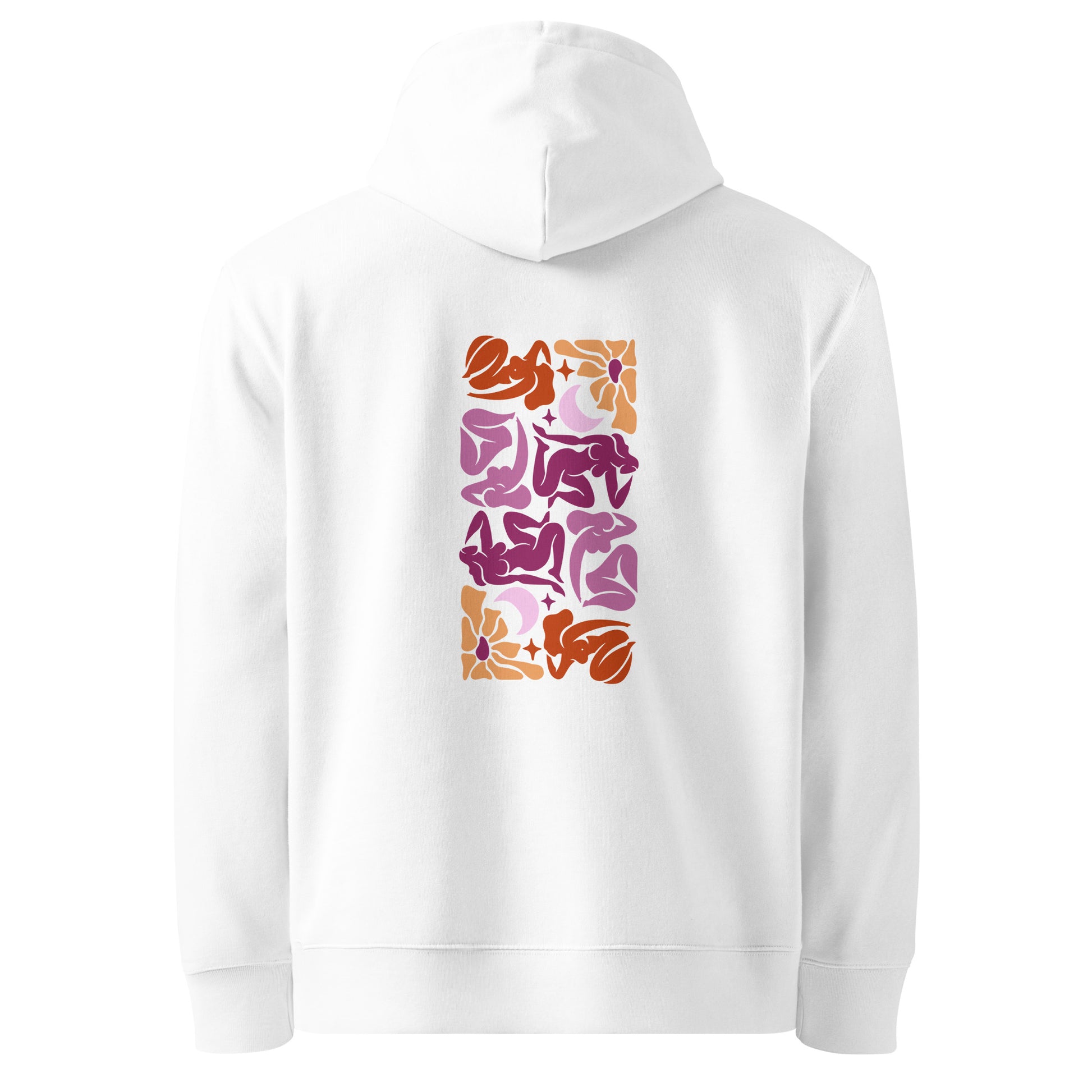 Unisex eco-friendly white hoodie featuring an embroidered Matisse mosaic-inspired design centered chest in lesbian colors, with the same design printed large on the back - adding a touch of lgbtq to your outfit. sizes: small, medium, large, extra large, double extra large.