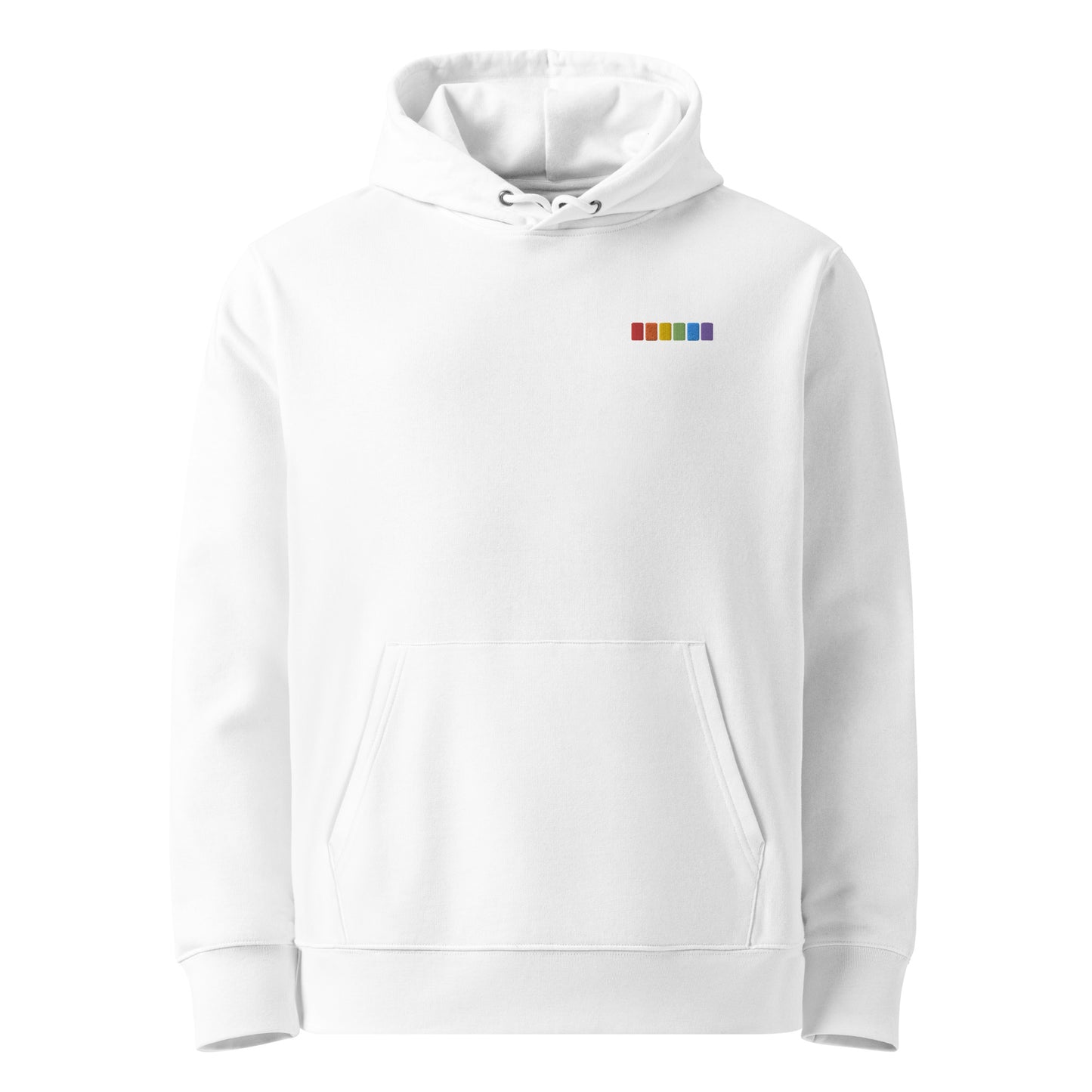 Unisex eco-friendly white hoodie featuring on the upper left chest rainbow squares embroidery, adding a touch of lgbtq to your outfit. sizes: small, medium, large, extra large, double extra large.