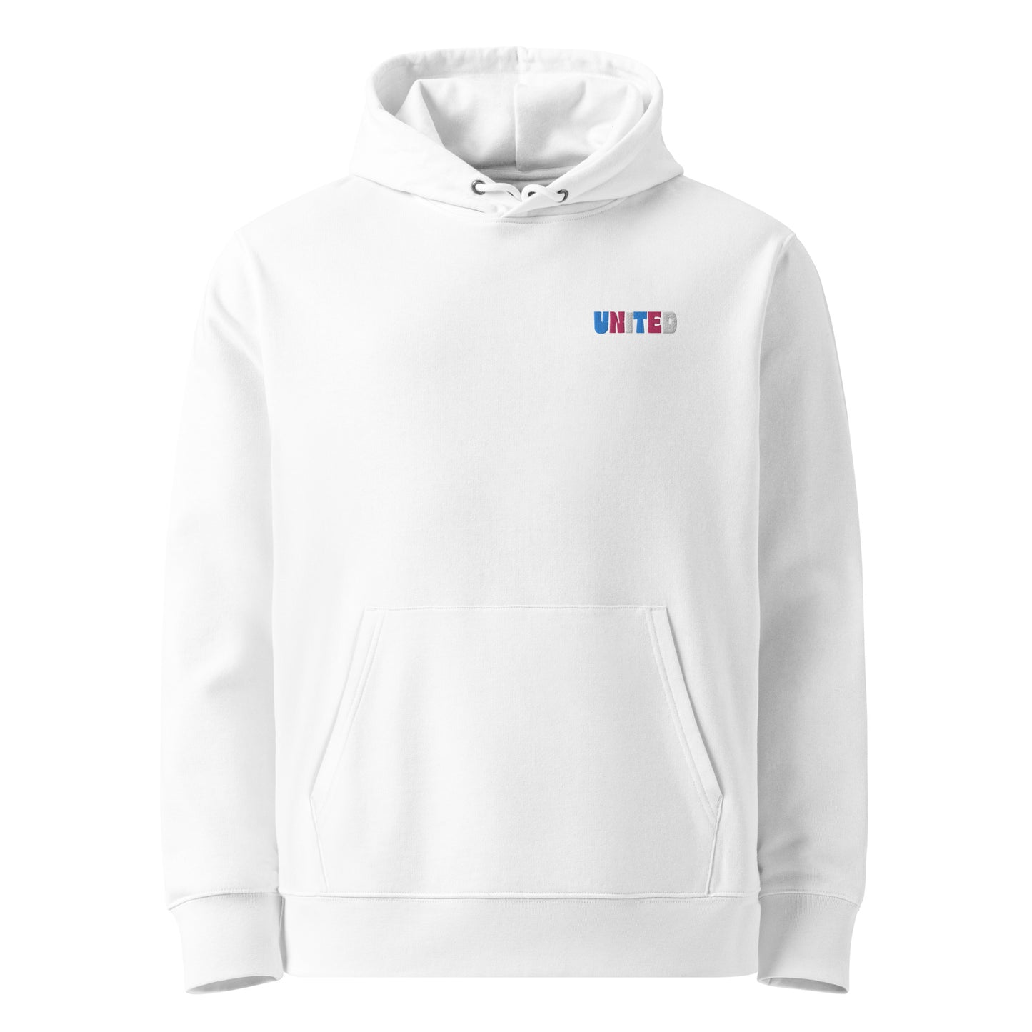 Unisex eco-friendly white hoodie featuring on the upper left chest; united embroidery in transgender pride colors, adding a touch of lgbtq to your outfit. sizes: small, medium, large, extra large, double extra large.