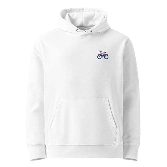 Unisex eco-friendly white hoodie featuring on the upper left chest; a subtle embroidered bicycle in bisexual colors, adding a touch of lgbtq to your outfit by putting the bi in bicycle. sizes: small, medium, large, extra large, double extra large.