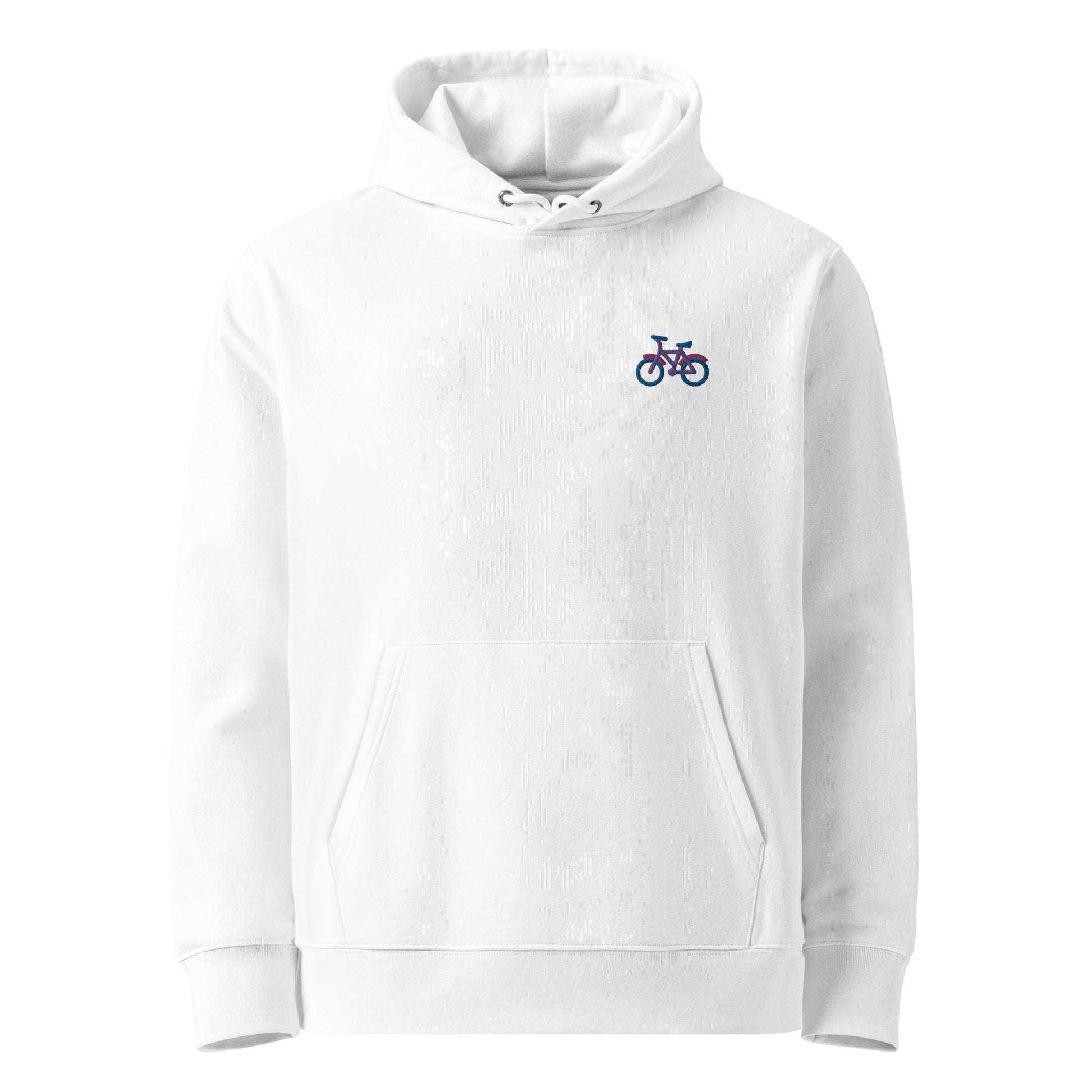 Unisex eco-friendly white hoodie featuring on the upper left chest; a subtle embroidered bicycle in bisexual colors, adding a touch of lgbtq to your outfit by putting the bi in bicycle. sizes: small, medium, large, extra large, double extra large.