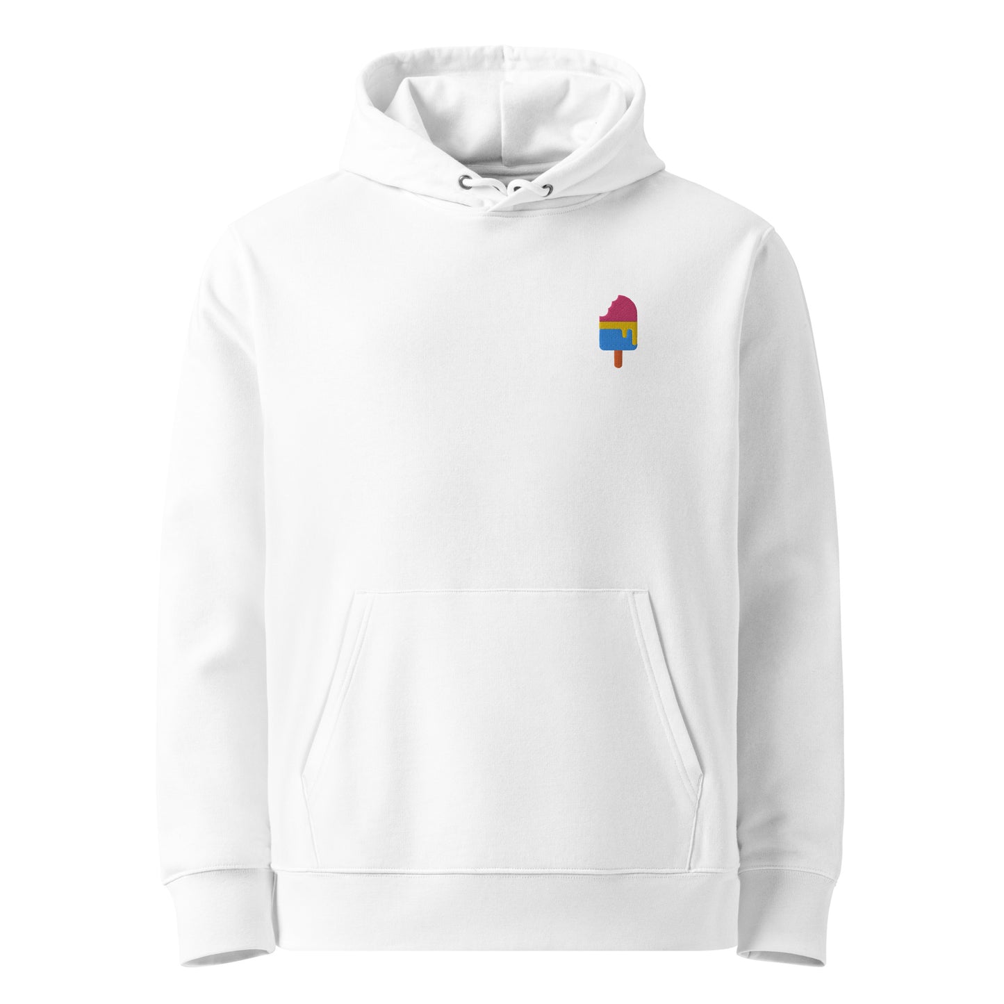 Unisex eco-friendly white hoodie featuring on the upper left chest; a subtle embroidered melting ice cream in pansexual colors, adding a touch of lgbtq to your outfit. sizes: small, medium, large, extra large, double extra large.