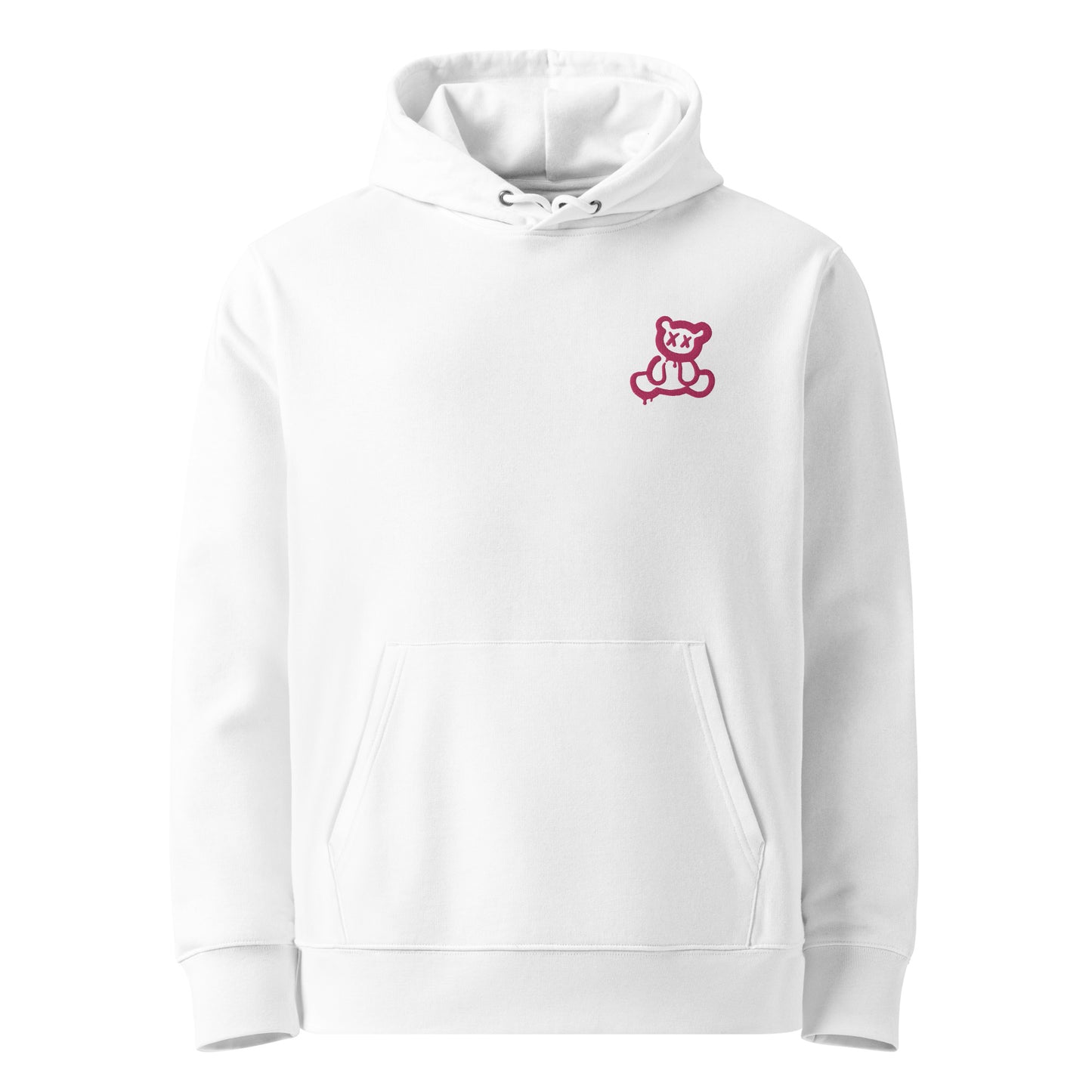 Unisex eco-friendly white hoodie featuring on the upper left chest; a subtle embroidered graffiti bear in hot pink, adding a touch of lgbtq to your outfit. sizes: small, medium, large, extra large, double extra large.