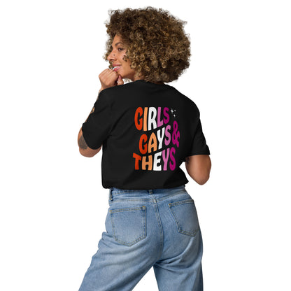 Organic Cotton T-shirt: Girls Gays & Theys (Lesbian Colors)