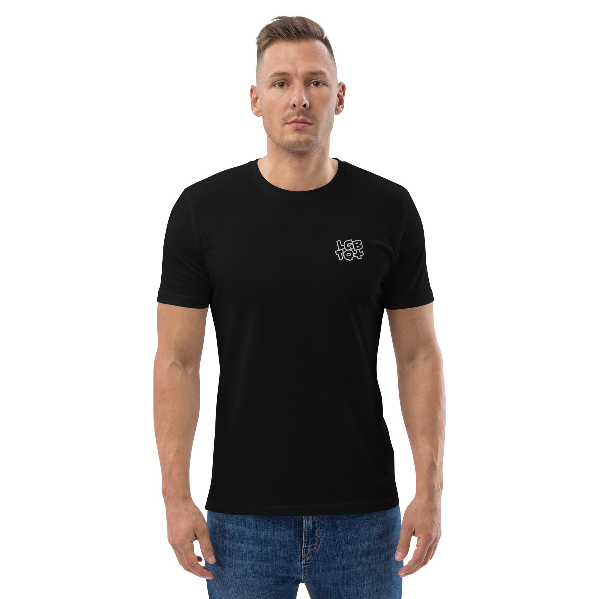 Male model wearing a fitted black organic cotton t-shirt with a small embroidered LGBTQ+ design on the left chest. Available in sizes S to 3XL.