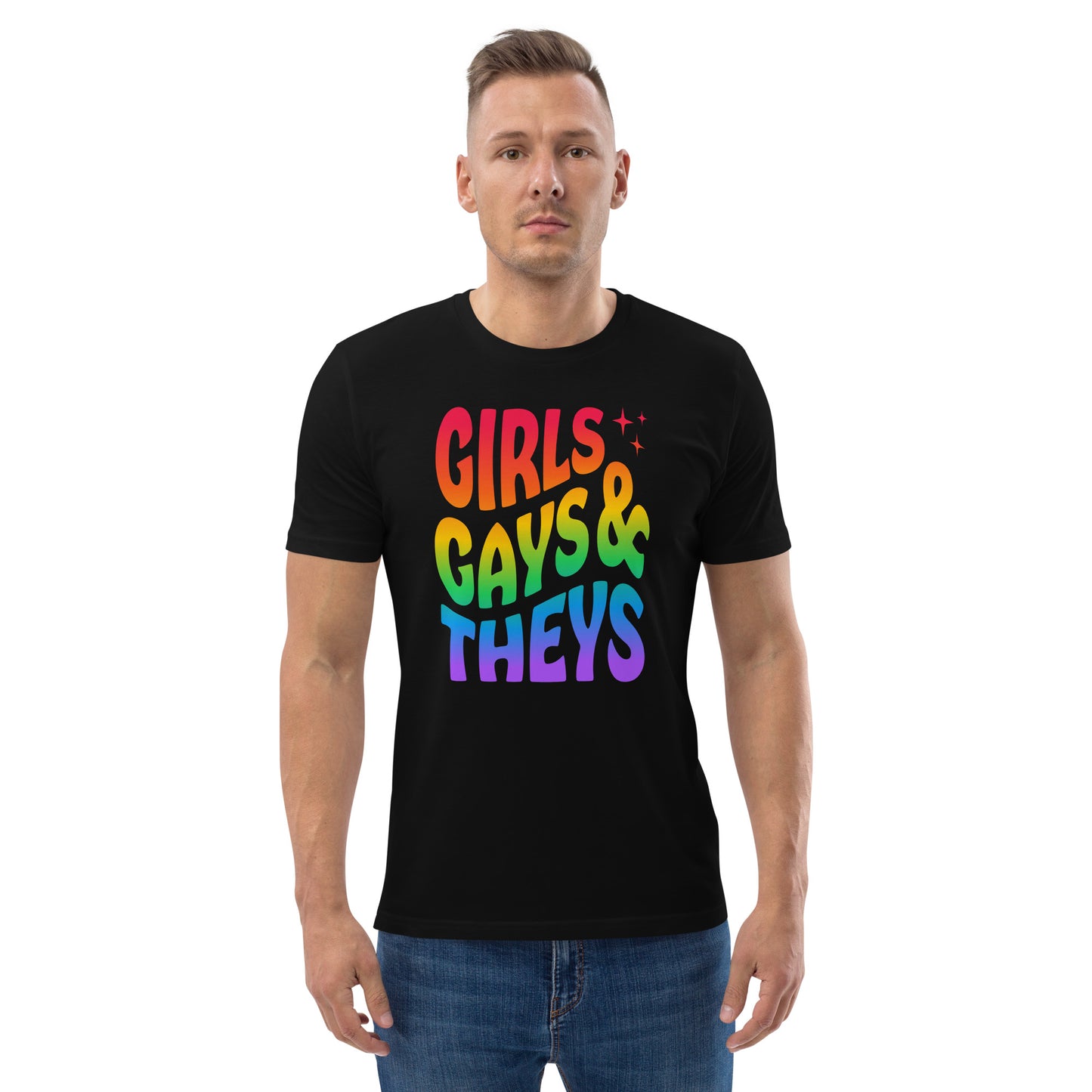 T-shirt en coton biologique imprimé : Girls Gays & Theys Rainbow