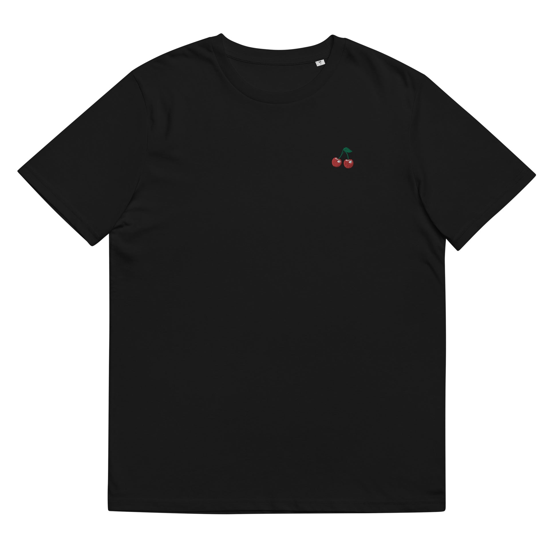 Fitted black organic cotton t-shirt with small embroidered red cherries on the left chest. Available in sizes S to 3XL.