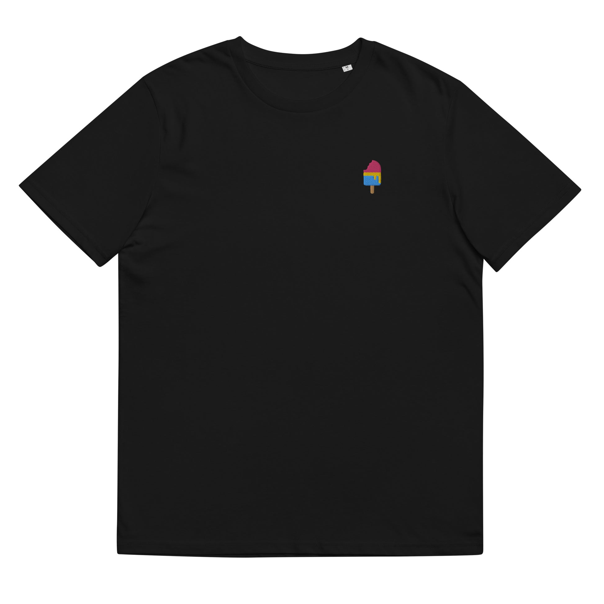 Fitted black organic cotton t-shirt with a small embroidered ice cream in pansexual colors on the left chest. Available in sizes S to 3XL.