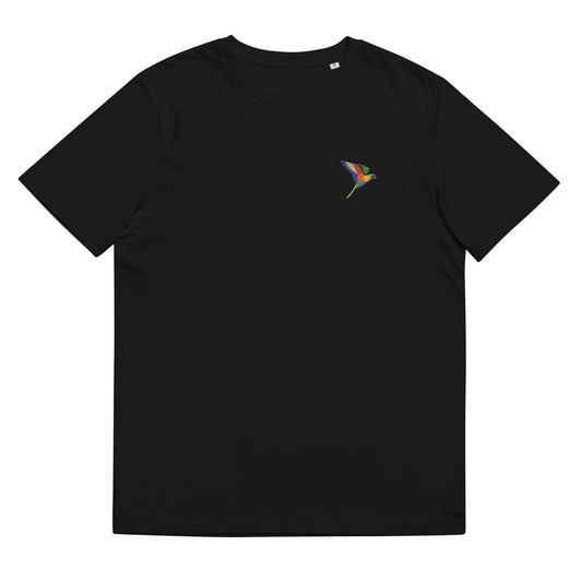 Fitted black organic cotton t-shirt with an embroidered rainbow parrot on the left chest. Available in sizes S to 3XL.