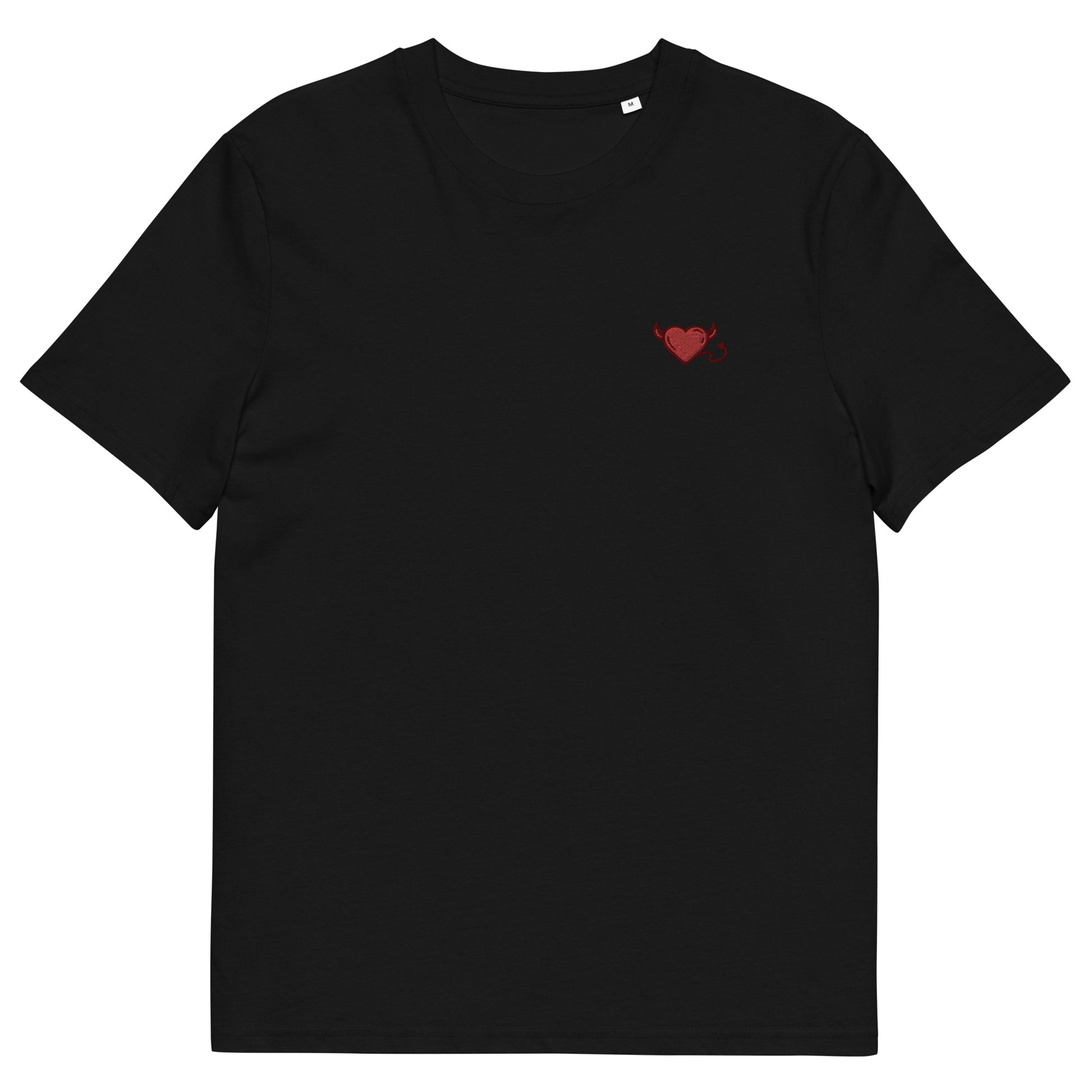 Fitted black t-shirt with a red devil's heart embroidered on the left chest. 
