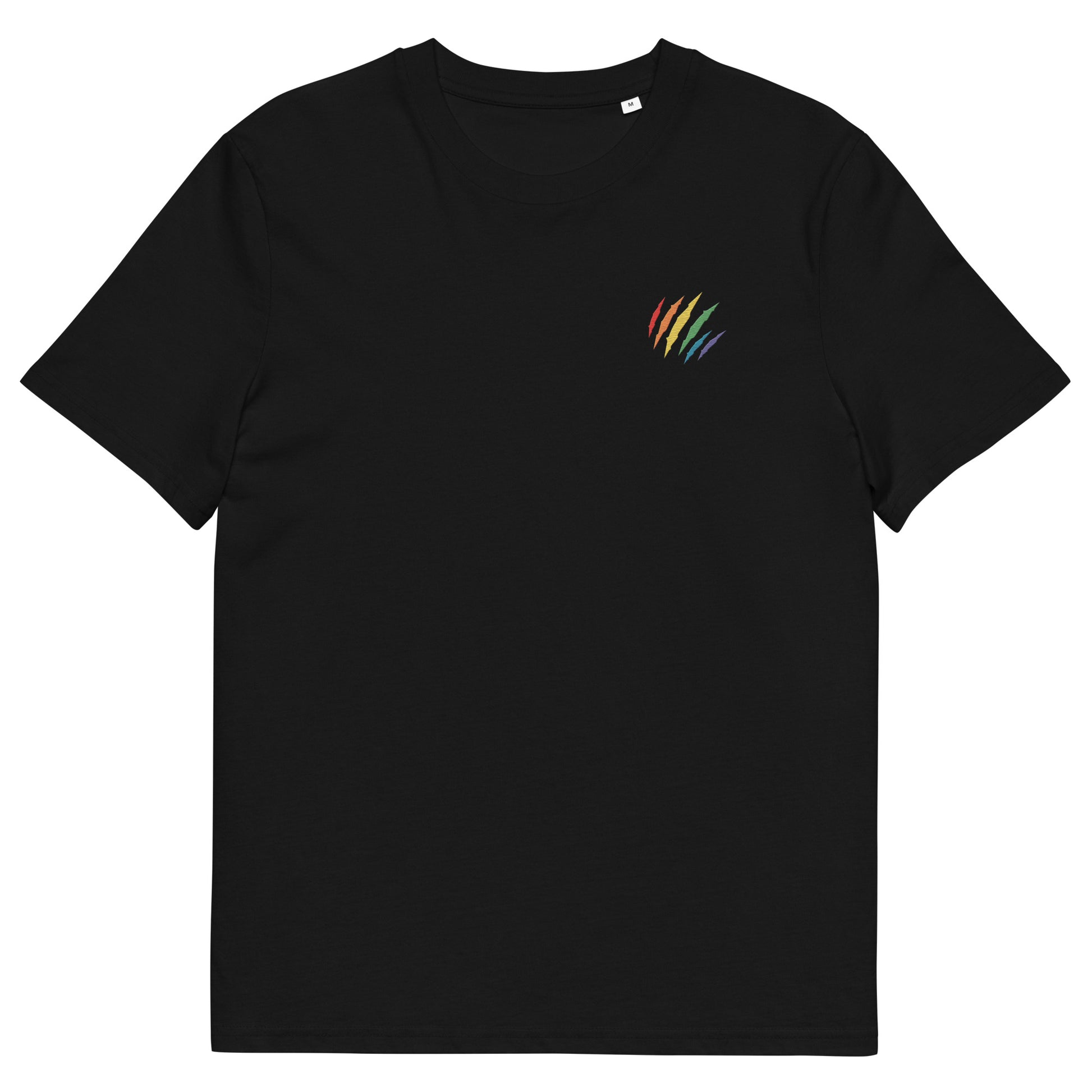 Fitted black organic cotton t-shirt with an embroidered scratch in the rainbow colors on the left chest. Available in sizes S to 3XL.