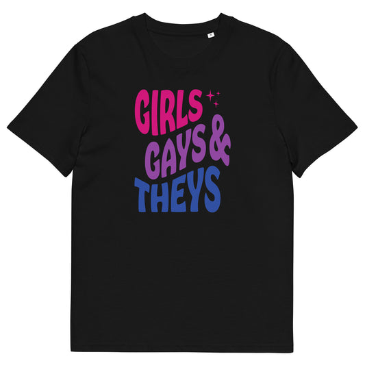 T-shirt en coton biologique imprimé : Girls Gays & Theys (Bi)