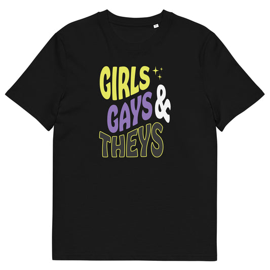 T-shirt en coton biologique imprimé : Girls Gays & Theys (non binaire)