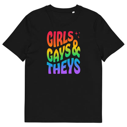 T-shirt en coton biologique imprimé : Girls Gays & Theys Rainbow