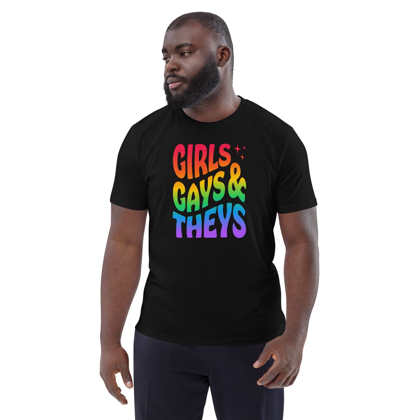 T-shirt en coton biologique imprimé : Girls Gays & Theys Rainbow