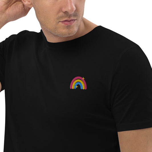 T-shirt en coton biologique : broderie arc-en-ciel pansexuelle