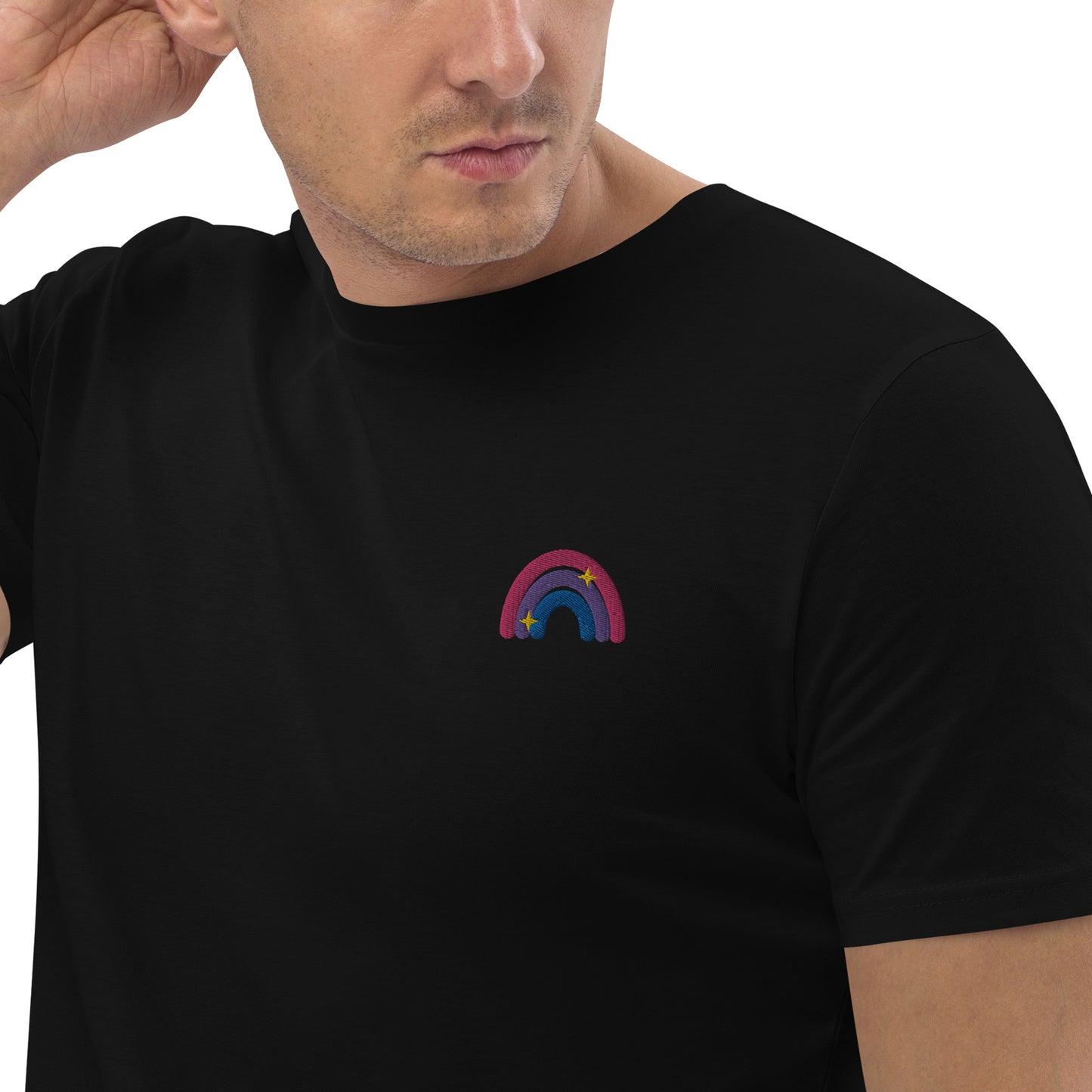 T-shirt en coton bio : broderie arc-en-ciel bisexuelle