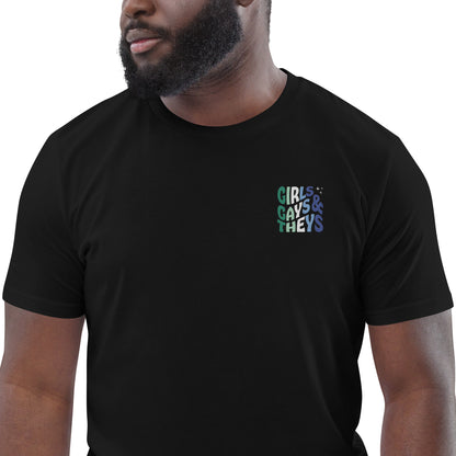 Organic Cotton T-shirt: Girls, Gays, & Theys (Gay Colors)