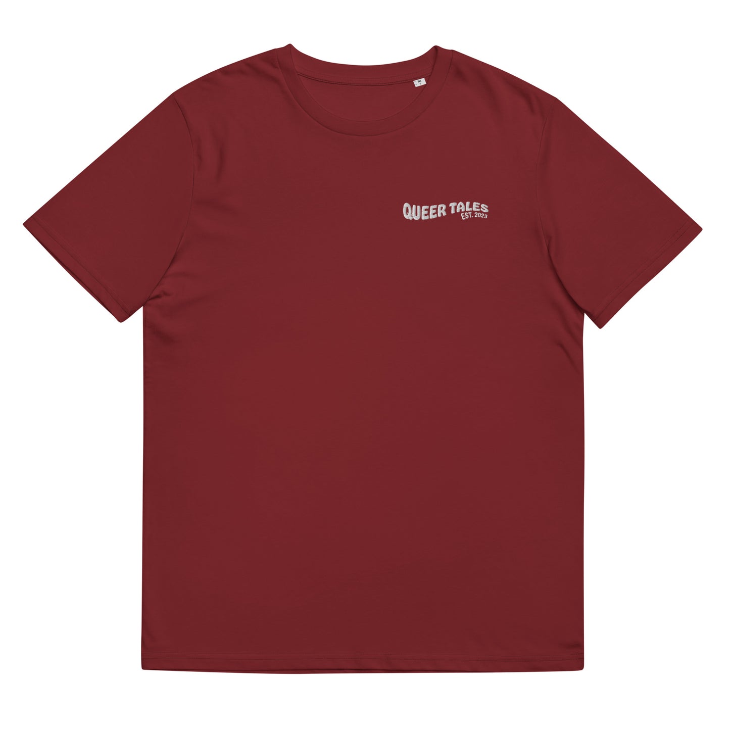 Fitted burgundy red organic cotton t-shirt with embroidered queer tales on the left chest. Available in sizes S to 2XL.