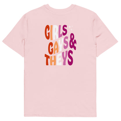 Organic Cotton T-shirt: Girls Gays & Theys (Lesbian Colors)