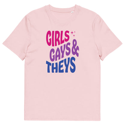 T-shirt en coton biologique imprimé : Girls Gays & Theys (Bi)