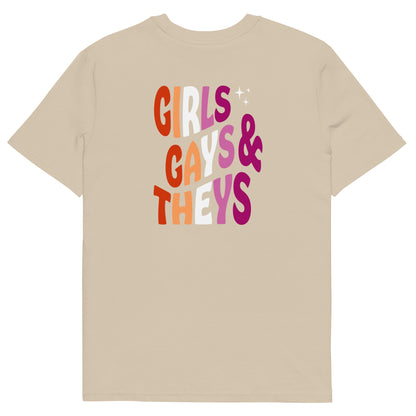 Organic Cotton T-shirt: Girls Gays & Theys (Lesbian Colors)