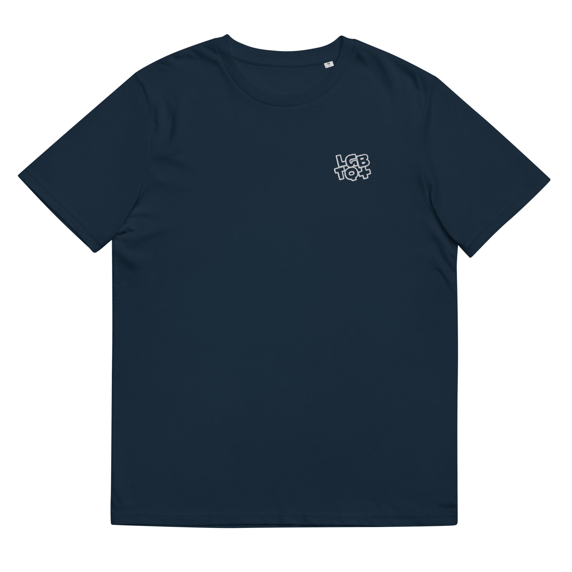 Fitted french navy blue organic cotton t-shirt with a small embroidered LGBTQ+ design on the left chest. Available in sizes S to 3XL.