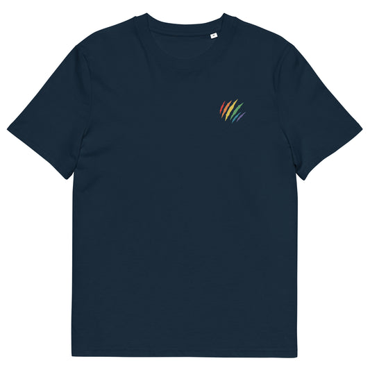 Fitted french navy blue organic cotton t-shirt with an embroidered scratch in the rainbow colors on the left chest. Available in sizes S to 3XL.