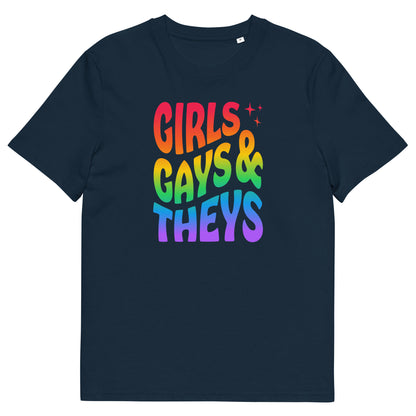 T-shirt en coton biologique imprimé : Girls Gays & Theys Rainbow