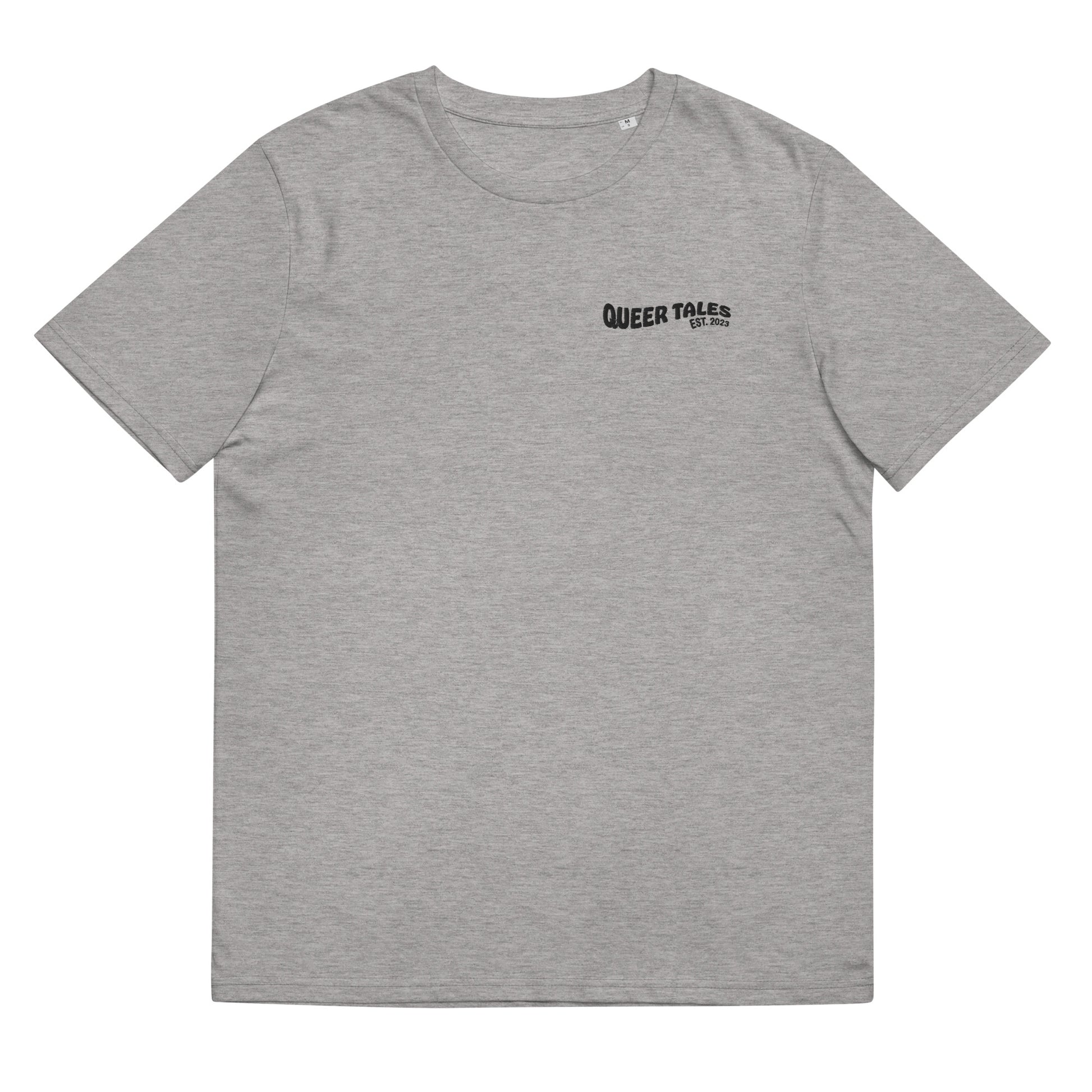 Fitted heather grey organic cotton t-shirt with embroidered queer tales on the left chest. Available in sizes S to 2XL.